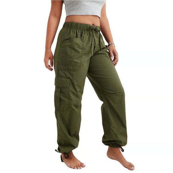 Aerie Women's Dark Green Drawstring Wide Leg Baggy Cargo Jogger Pants Size L - Picture 1 of 7